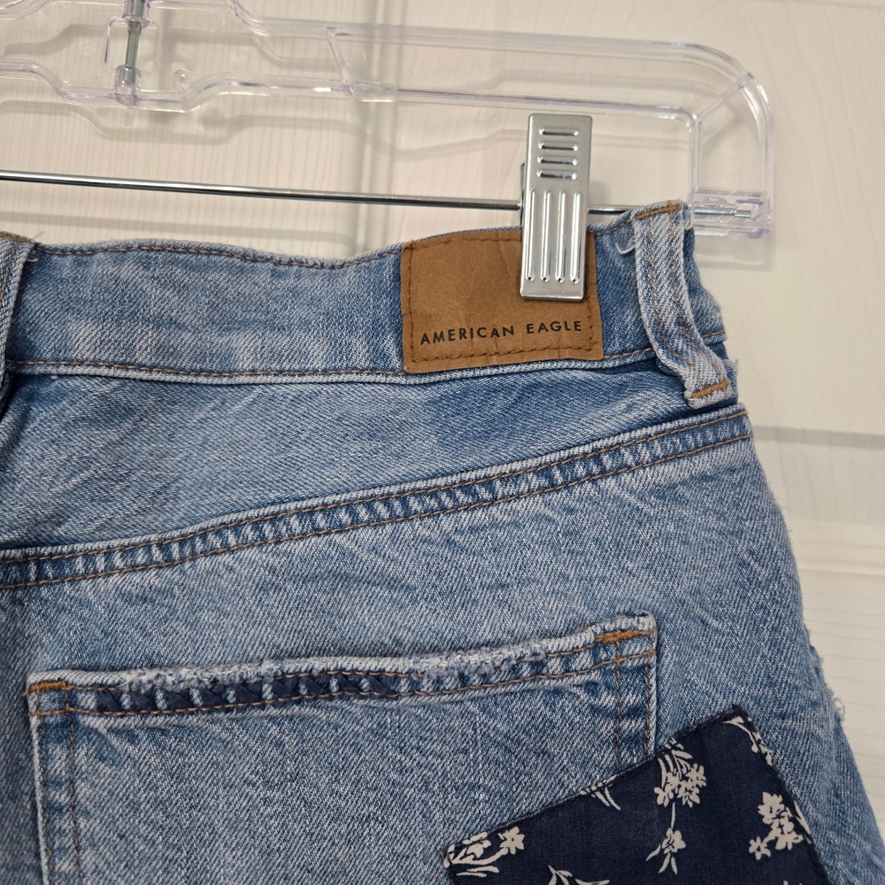 American Eagle 2 Patchwork Denim Shorts Light Wash Boho High Waisted Distressed - Picture 3 of 5